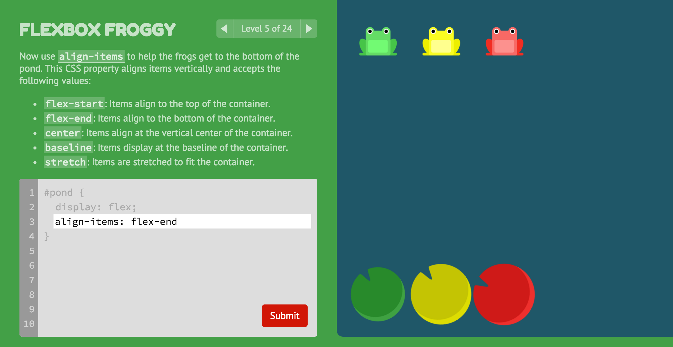 Flexbox Froggy - A game for learning CSS flexbox